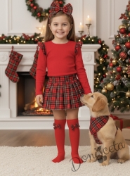 Комплект от 2 части за момиче-пола клош от трико Гери в каре и блуза с дълъг ръкав в червено с къдрички в каре Карена