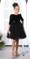 Детска рокля в черно с дълъг ръкав с пайети и коланче в черно и диадема