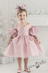 Официална празнична детска рокля с тюл в розово Даян с панделка за коса