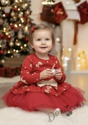 Бебешки рокля Надежда с дълъг ръкав с тюл в червено с еленчета и панделки 