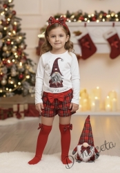 Детски комплект Карена от къси панталони в червено каре и блуза в бяло с джудже