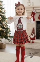 Детски кариран комплект Карена за момиче от пола червено каре Гери и блуза с картинка на джудже