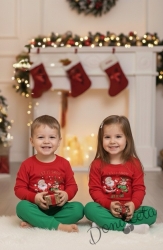 Детска коледна пижама червено с коледна картинка и долнище в зелено