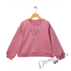 Детска блуза в пепел от рози с дълъг ръкав за момиче с надпис и блестящи камъчета