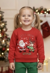 Коледна ватирана блуза в червено с дълъг ръкав и коледна картинка с надпис