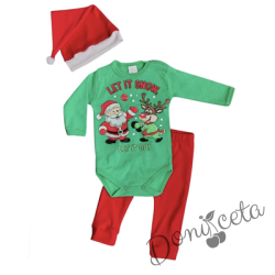 Коледен бебешки комплект от боди в зелено с коледна картинка, панталонки в червено и коледна шапка