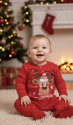 Коледен бебешки гащеризон в червено с еленче с шалче
