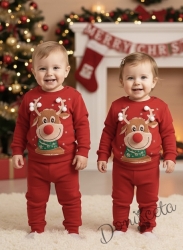 Ватиран коледен детски комплект от блуза и панталон в червено с 3D еленче