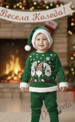 Коледен ватиран комплект в зелено с три джуджета с подаръци и шапка в зелено