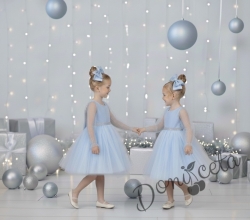 Официална детска рокля Рангелина  с дълъг прозрачен ръкав в синьо с ангелски крила