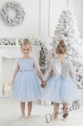 Официална детска рокля Рангелина  с дълъг прозрачен ръкав в синьо с ангелски крила