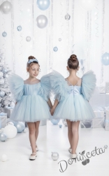 Официална празнична детска къса рокля с тюл в светлосиньо Луиза с диадема от колекция Светлосияна