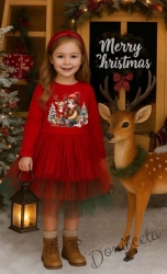 Ватирана коледна рокля в червено с коледна картинка с момиченце и сърничка и тюл в червено и зелено