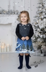 Коледна детска права рокля с дълъг ръкав в тъмносиньо зимна нощ с къщички