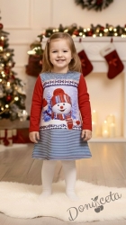 Коледна детска права рокля с дълъг ръкав със снежен човек