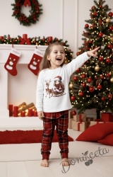 Коледна детска пижама Донър с горнище в бяло с коледна картинка и долнище в червено каре Карена