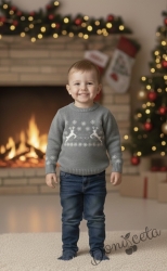 Детски коледен пуловер в сиво за момче с еленчета