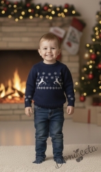 Детски коледен пуловер в тъмносиньо за момче с еленчета