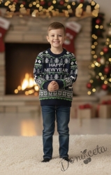 Детски коледен пуловер с коледни мотиви в зелено и тъмносиньо с еленчета