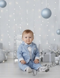 Бебешки елегантен комплект за момче от 4 части - боди-риза в бяло с панталон, сако и папийонка в светлосиньо 