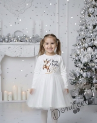 Детска/бебешка коледна рокля с дълъг ръкав в бяло с коледна картинка на еленче с тюл в бяло