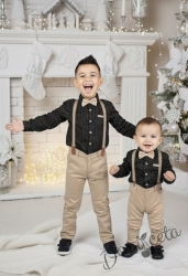 Комплект за момче от 4 части - риза в черно на бежови точки и имитация на джоб, панталони, тиранти и папийонка в бежово