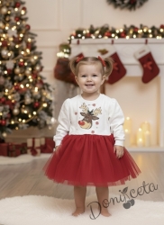 Детска ватирана рокля тип блузка и пола в екрю с картинка на еленче и червен тюл