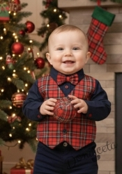  Комплект Карена от детска бебешка риза с дълъг ръкав  в тъмносиньо за момче с елек в каре и папийонка