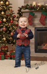  Комплект Карена от 4 части детска бебешка риза с дълъг ръкав  в тъмносиньо,  елек в каре с папийонка и  дънки