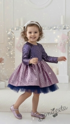 Официална празнична детска рокля с дълъг ръкав с пайети цвят в пепел от рози с тюл отдолу  Пенелопи