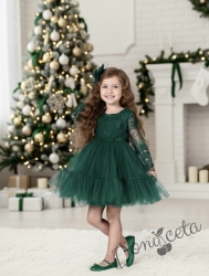 Детска официална рокля с дълъг ръкав Амира с дантела  и тюл и фиба за коса в зелено