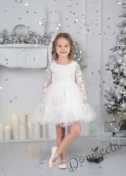Детска празнична рокля с  дантела и тюл в бяло и панделка за коса Амира