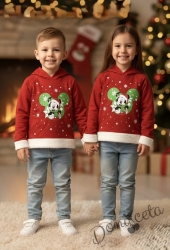 Коледна ватирана блуза в червено с качулка и с коледно Мини