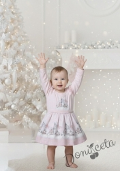 Детска рокля с дълъг ръкав в розово с картинка на замъци и къдрички на ръкавите