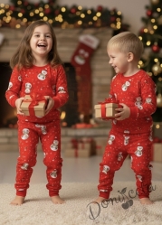 Коледна детска пижама в червено с картинка с коледни мотиви