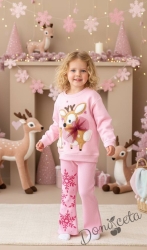 Детски коледен комплект за момиче от ватирана блуза с еленче и панталонки в розово