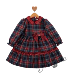 Детска коледна рокля каре в синьо с дълъг ръкав с панделка и яка в червено Карена