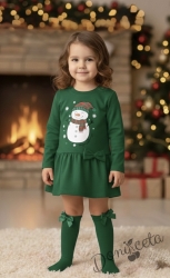 Ватирана коледна детска рокля в зелено със снежен човек и панделка