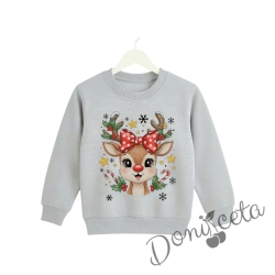 Коледна ватирана блуза Звън с еленче с шал в сиво