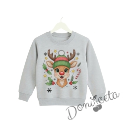 Коледна ватирана блуза Звън с еленчо с шал в сиво