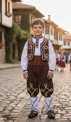 Детска народна носия за момче 77 с риза, потури и елек в кафяво, кариран пояс и гети