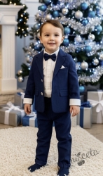 Комплект за момче 4 части в тъмносиньо- сако, панталон, риза в бяло и папийонка