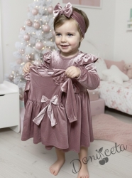 Детска рокля от плюш в пепел от рози с дълъг ръкав и лента за коса 