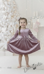 Детска плюшена рокля с дълъг ръкав в пепел от рози с панделка, тюл и фиба за коса