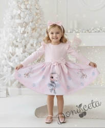 Бебешка/детска коледна рокля в розово с къдрички, панделка и коледни мотиви с балерина