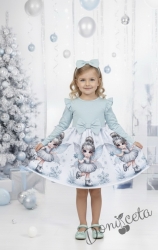 Бебешка/детска коледна рокля в тюркоаз с къдрички, панделка и коледни мотиви