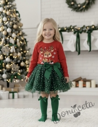 Комплект за момиче от 2 части-пола от тюл в зелено и блуза с дълъг ръкав в червено с картинка