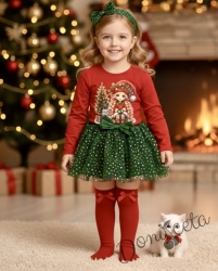 Комплект за момиче от 2 части-пола от тюл в зелено и блуза с дълъг ръкав в червено с картинка с момиченце с коте
