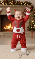 Ватиран коледен детски комплект от блузка и панталон в червено с плюшени акценти