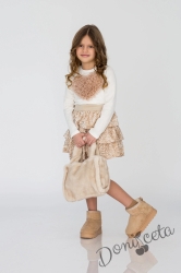 Комплект за момиче от 2 части от блуза за момиче с дълъг ръкав в екрю със сърце от тюл в бежово и пола от тюл в бежово с пайети Contrast